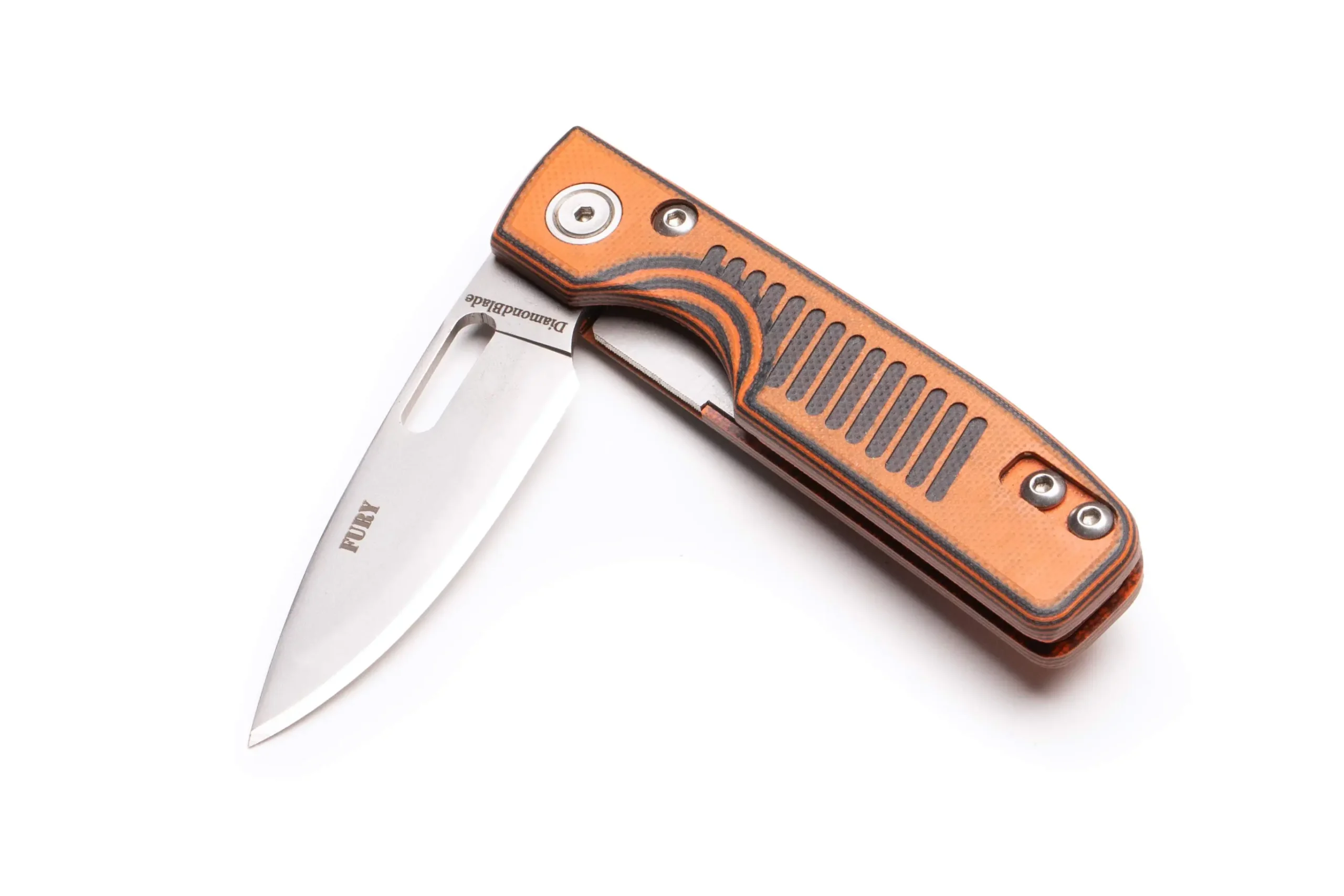 Fury liner folding knife with orange and black G10 handle and D2 tool steel blade by DiamondBlade Knives