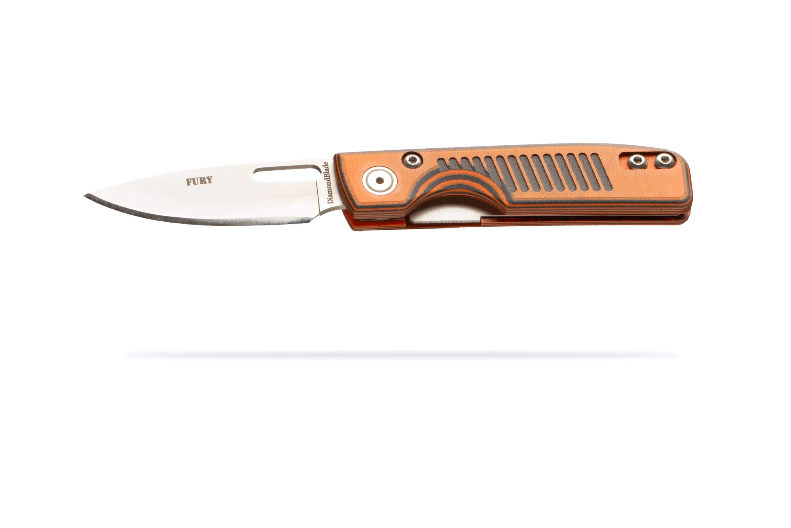 Side view of Fury folding knife with D2 tool steel blade and orange and black G10 handle by DiamondBlade Knives