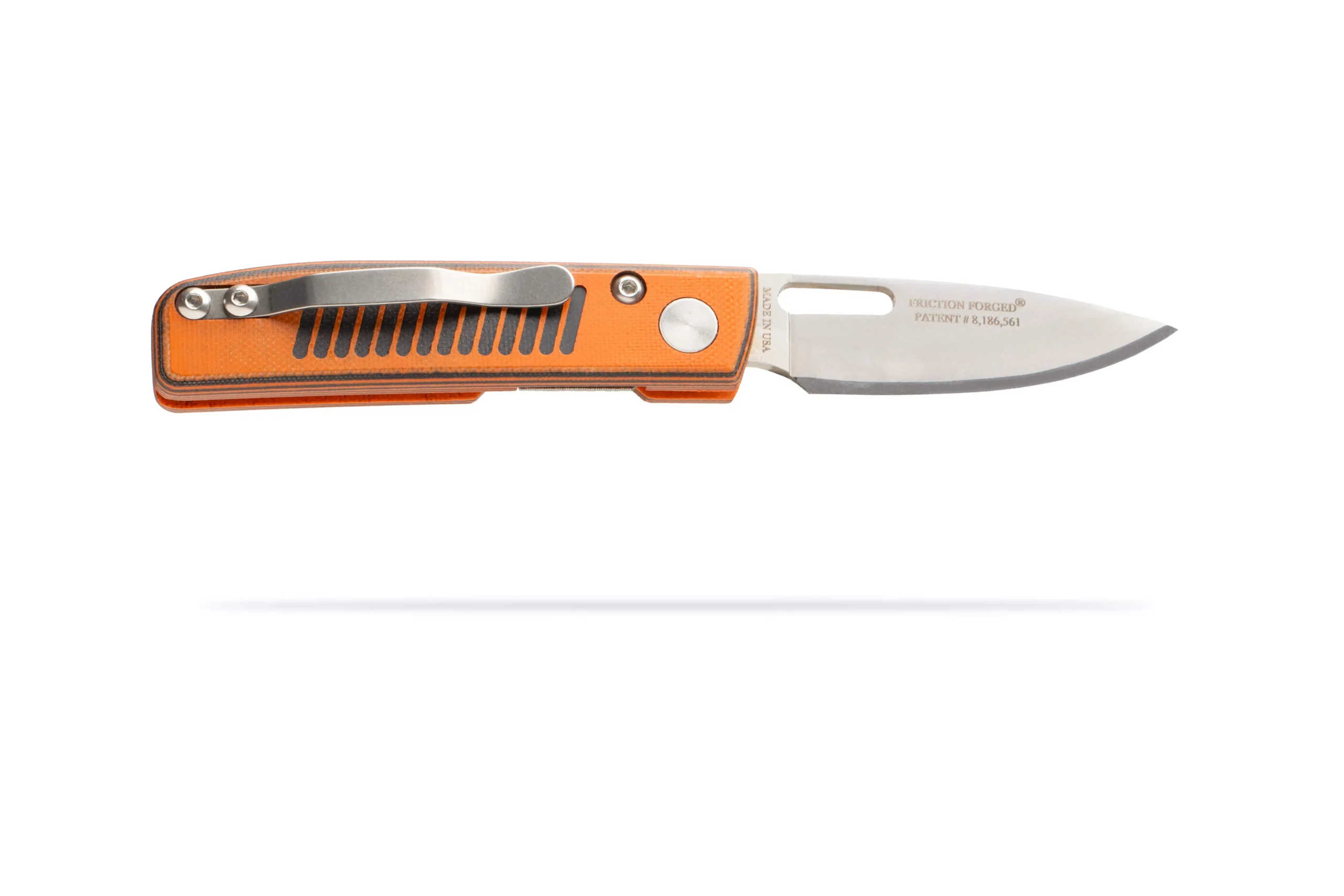 Fury folding knife with pocket clip, orange and black G10 handle, and D2 tool steel Friction Forged blade by DiamondBlade Knives