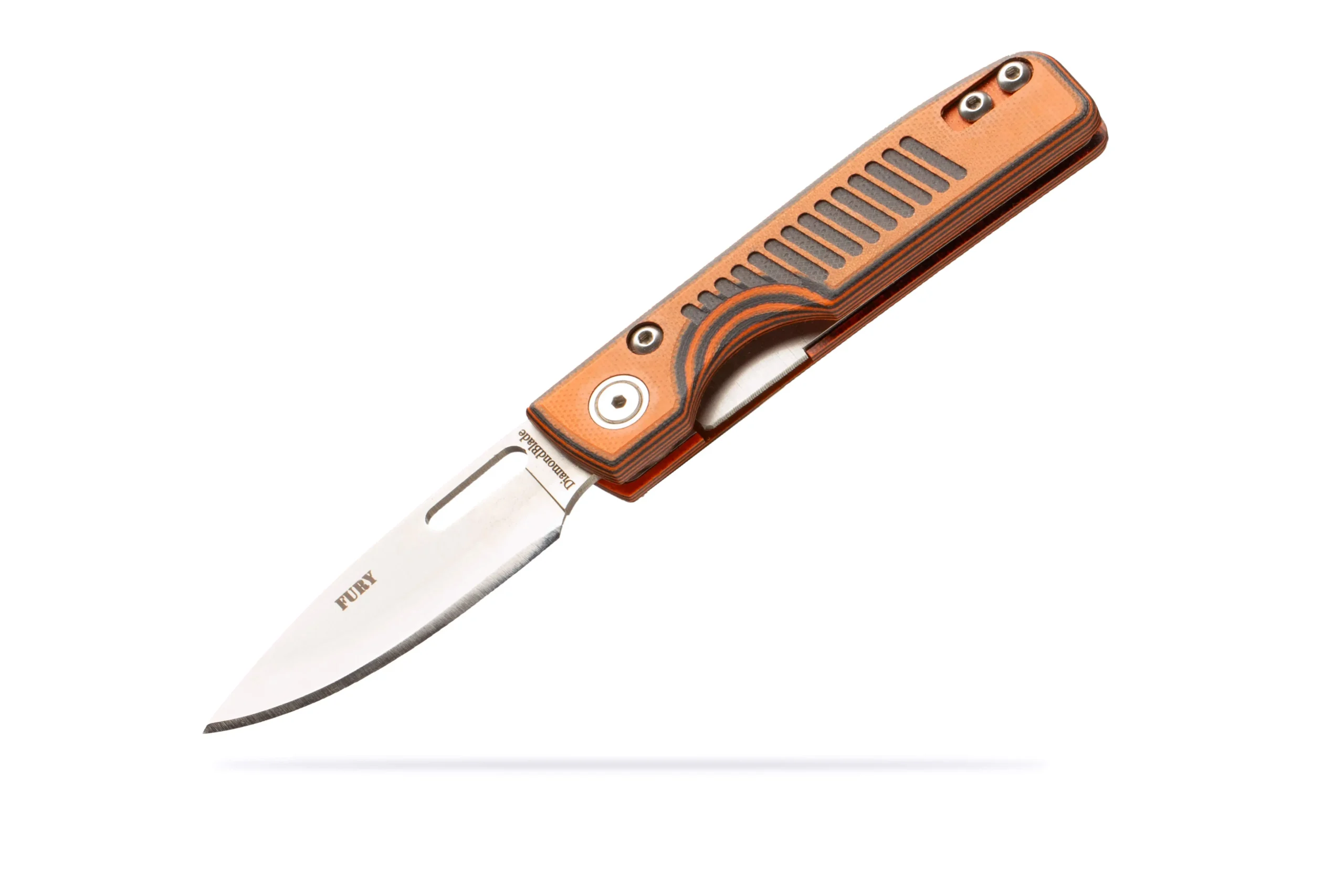 Angled view of Fury folding knife with D2 tool steel blade and orange and black G10 handle by DiamondBlade Knives