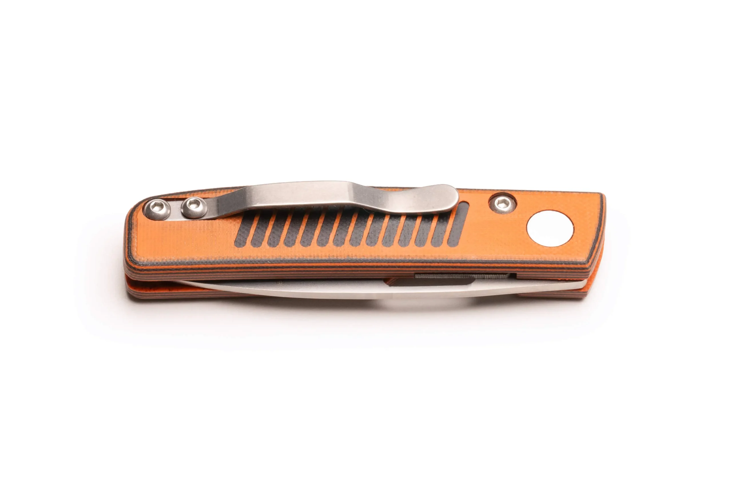 Closed Fury folding knife with orange and black G10 handle and stainless steel pocket clip by DiamondBlade Knives