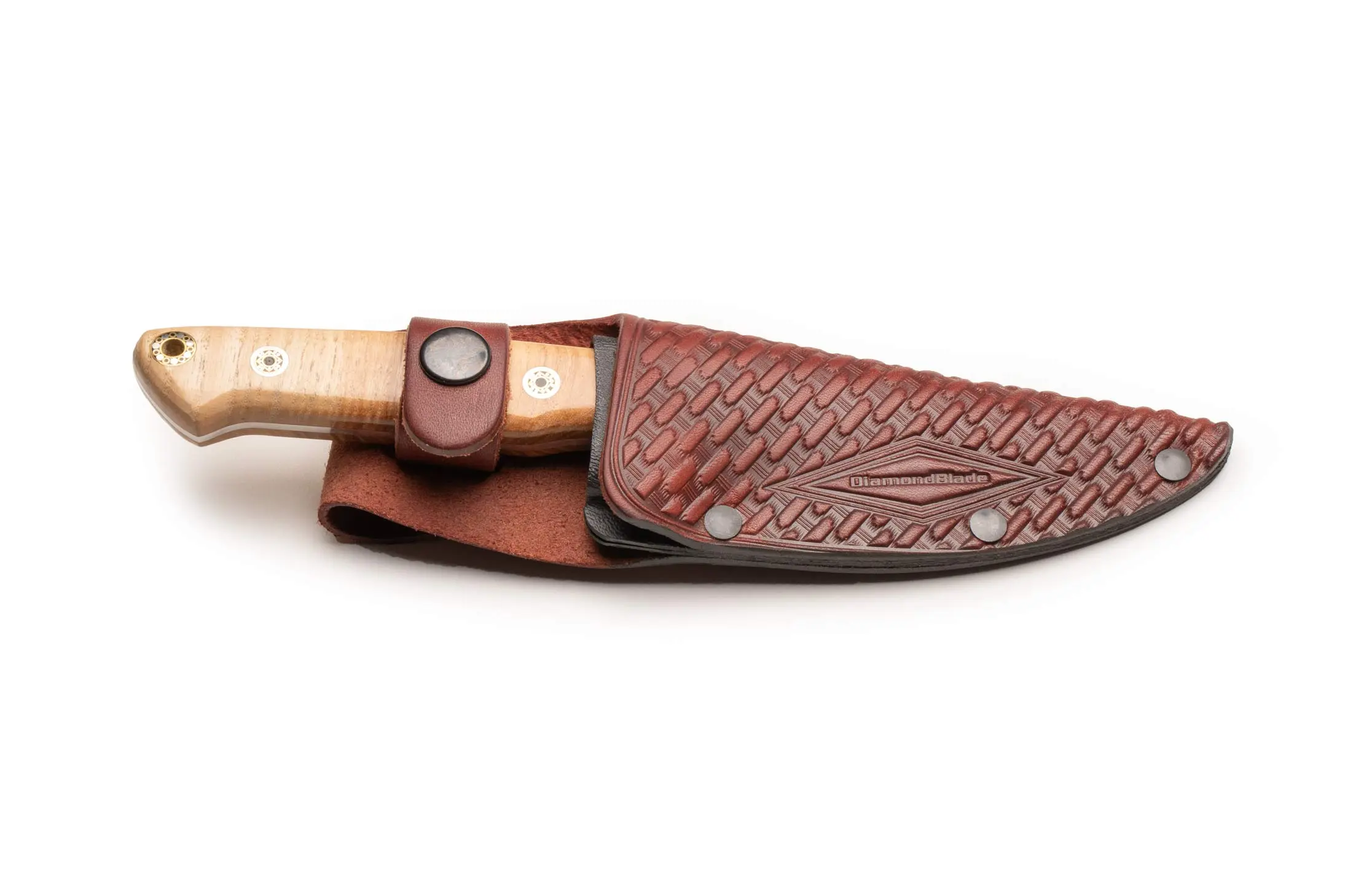 Heritage Ash Model fixed blade knife with stag-style G10 handle and leather sheath by DiamondBlade Knives