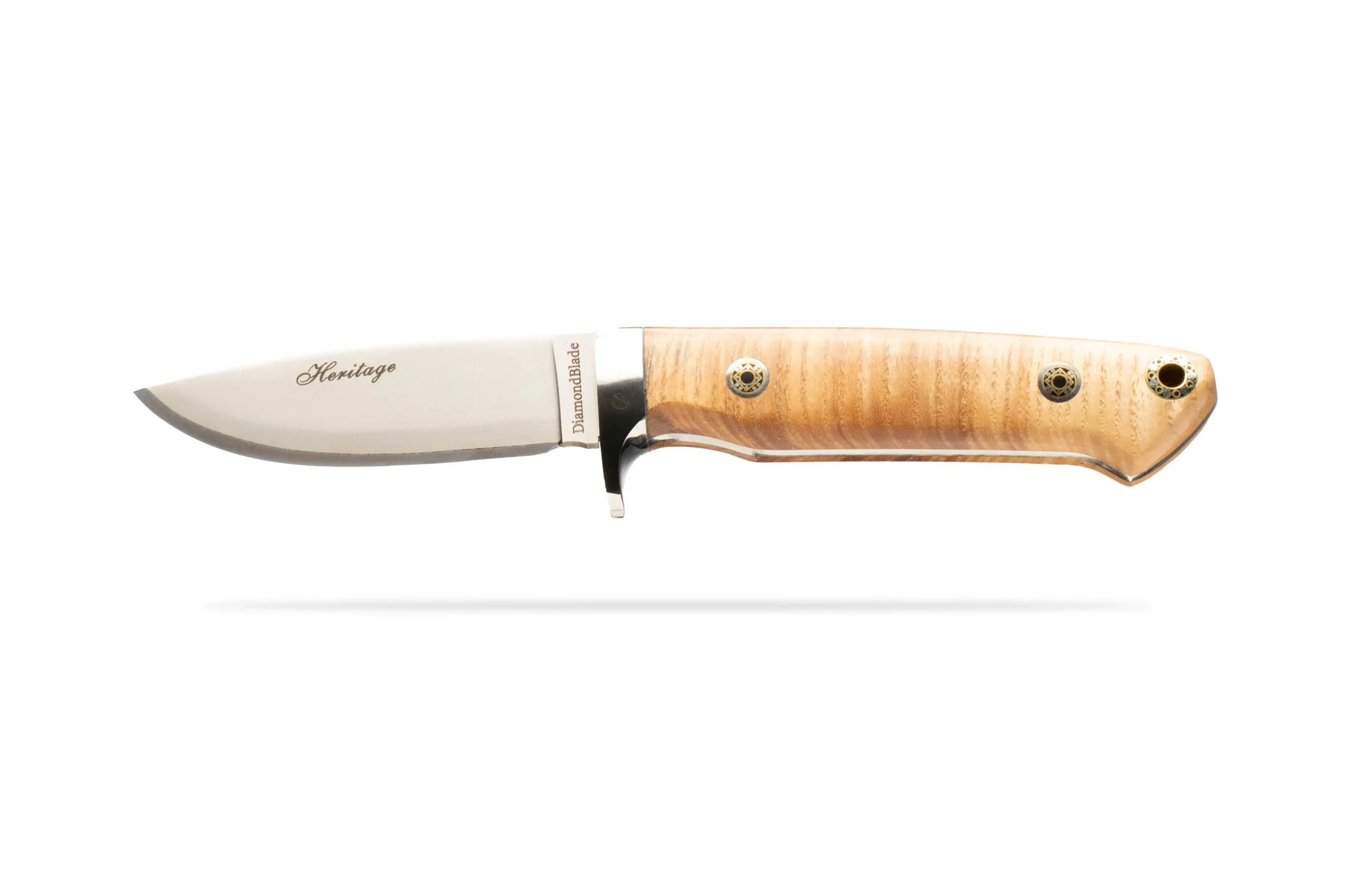 DiamondBlade Heritage Ash Model knife with polished D2 tool steel blade and contoured ash G10 stag-style handle
