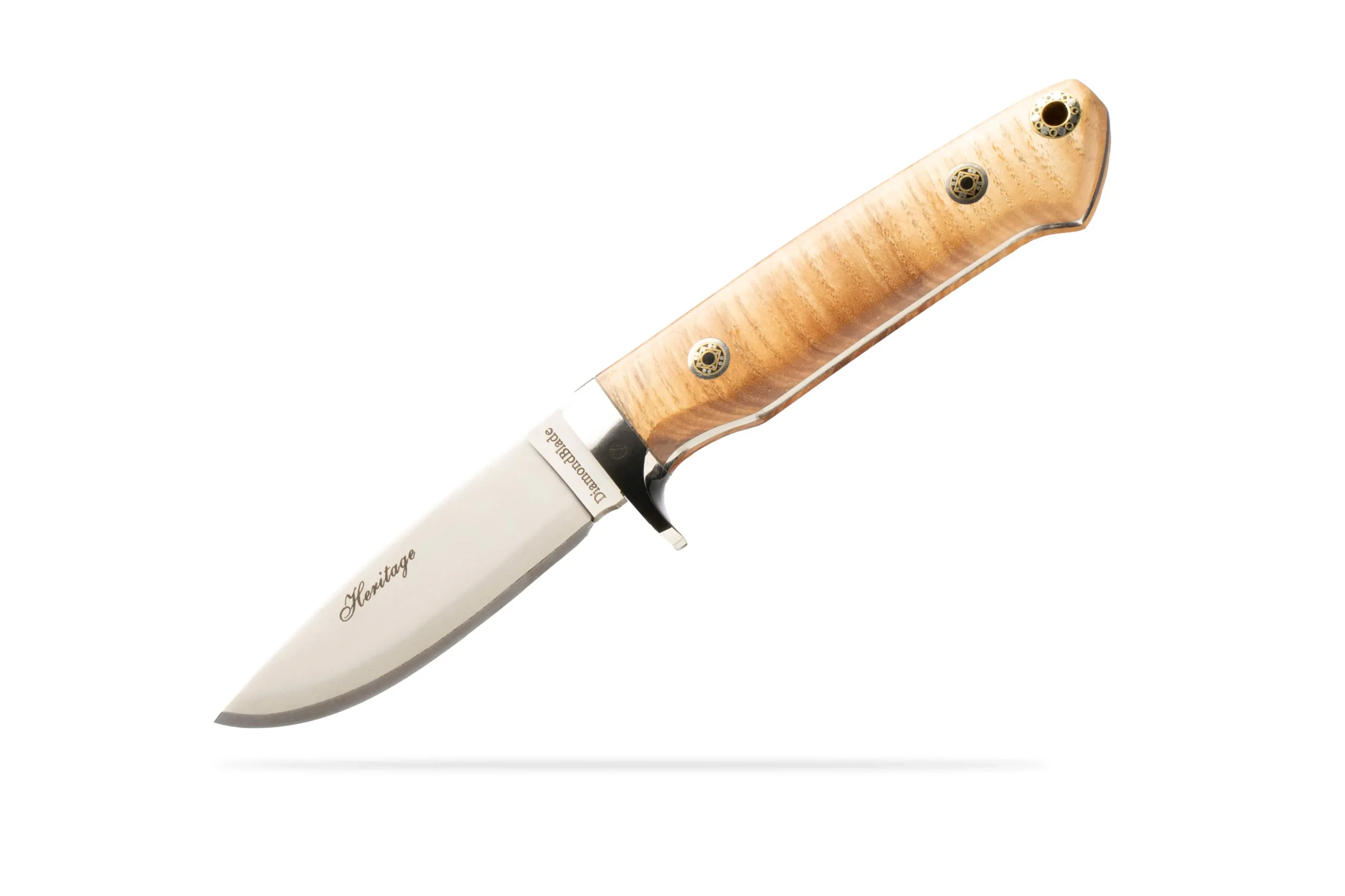 Angled view of the Heritage Ash Model fixed blade knife with D2 tool steel blade and contoured G10 ash handle by DiamondBlade Knives