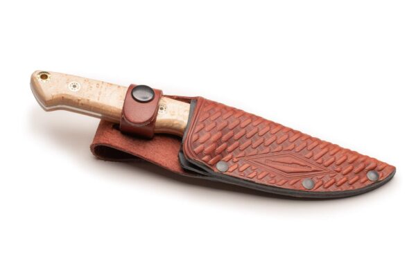 Heritage Birds Eye Maple Model knife sheathed in hand-tooled leather with contoured G10 Birds Eye Maple handle by DiamondBlade Knives