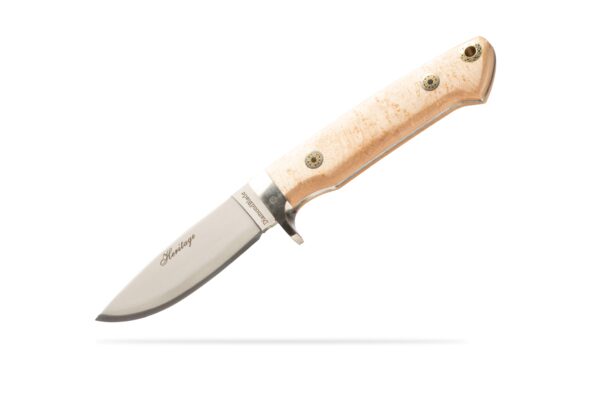Heritage Birds Eye Maple fixed blade knife with Friction Forged D2 steel blade and contoured G10 handle by DiamondBlade Knives