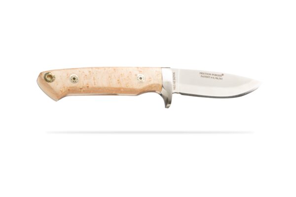 Heritage Birds Eye Maple knife with Friction Forged D2 blade, G10 handle, and Made in USA engraving by DiamondBlade Knives