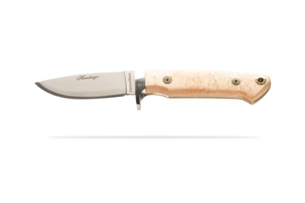 Heritage Birds Eye Maple fixed blade knife with contoured G10 handle and Friction Forged D2 tool steel blade by DiamondBlade Knives