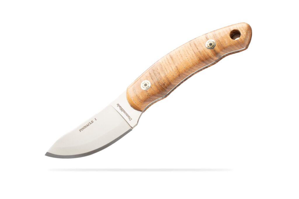 DiamondBlade Pinnacle I knife with Ash wood handle and Friction Forged blade on white background