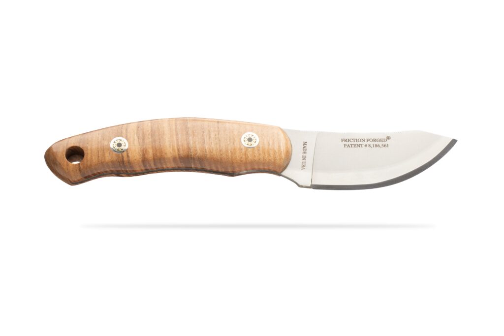 Full tang view of Pinnacle I knife with Ash wood handle and Friction Forged blade by DiamondBlade Knives