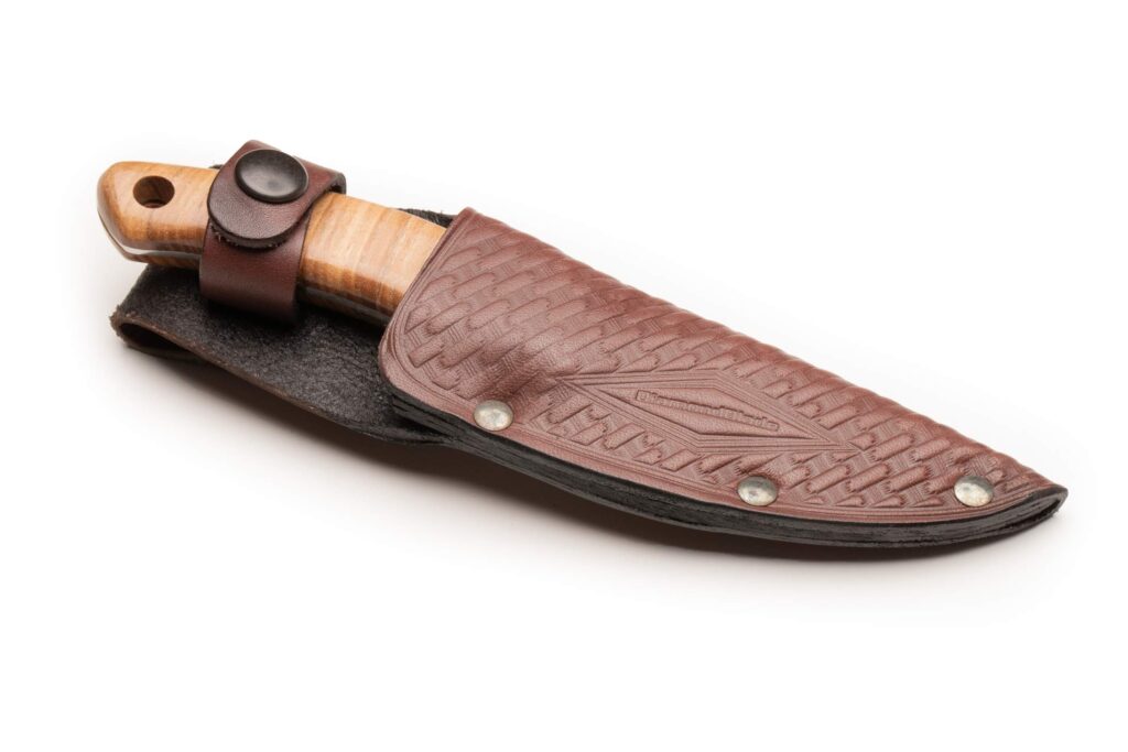 Pinnacle I hunting knife in leather sheath with visible Ash wood handle