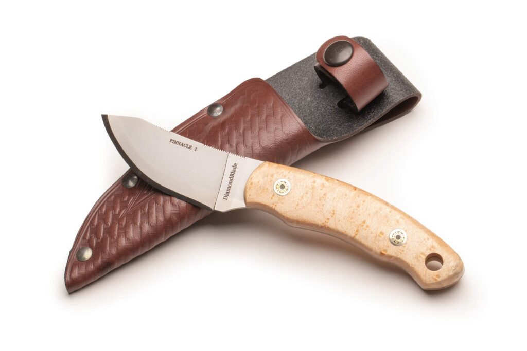 DiamondBlade Pinnacle I Birds Eye Maple hunting knife with leather sheath and Friction Forged blade