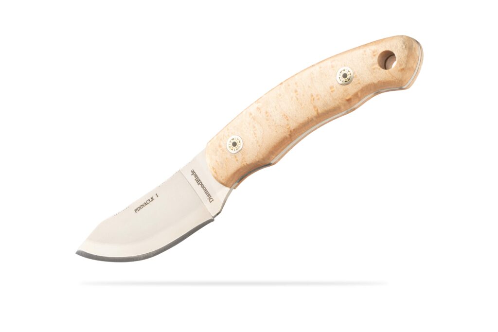 DiamondBlade Pinnacle I Birds Eye Maple knife with Friction Forged blade and contoured wood handle