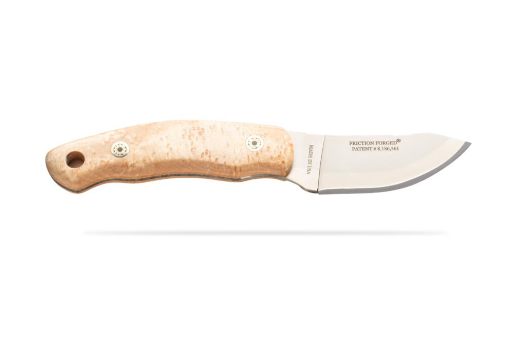 Side profile of Pinnacle I Birds Eye Maple knife by DiamondBlade featuring Friction Forged blade made in the USA