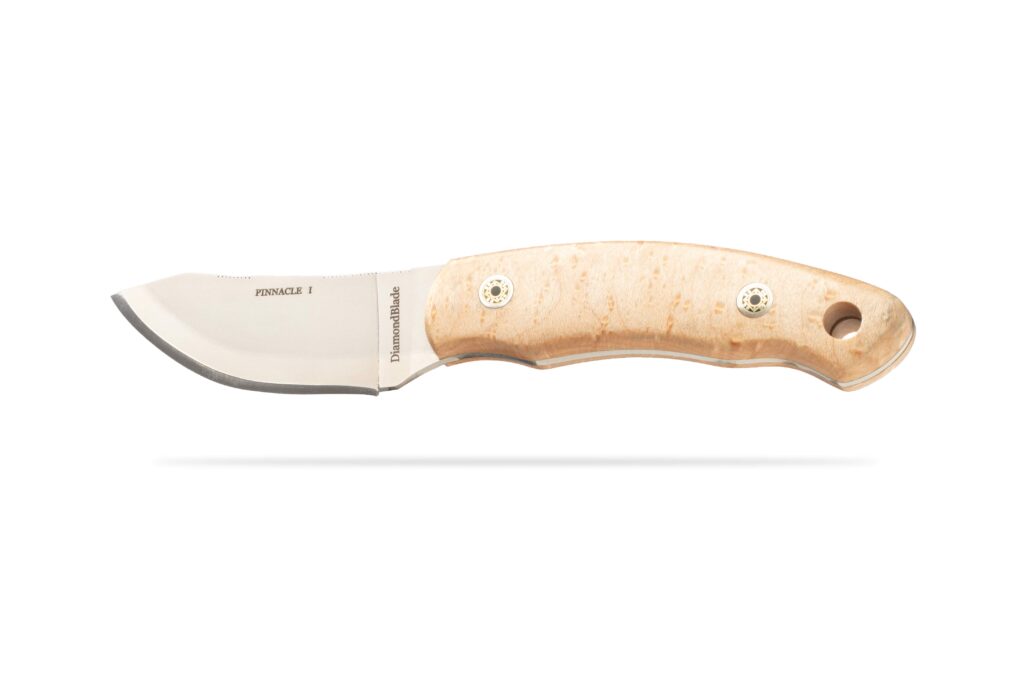 Side profile of Pinnacle I Birds Eye Maple knife by DiamondBlade featuring Friction Forged blade made in the USA