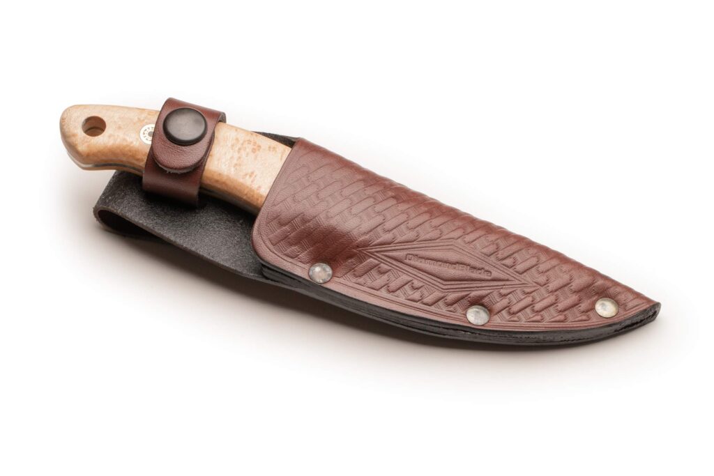 DiamondBlade Pinnacle I knife with Birds Eye Maple handle inside leather sheath