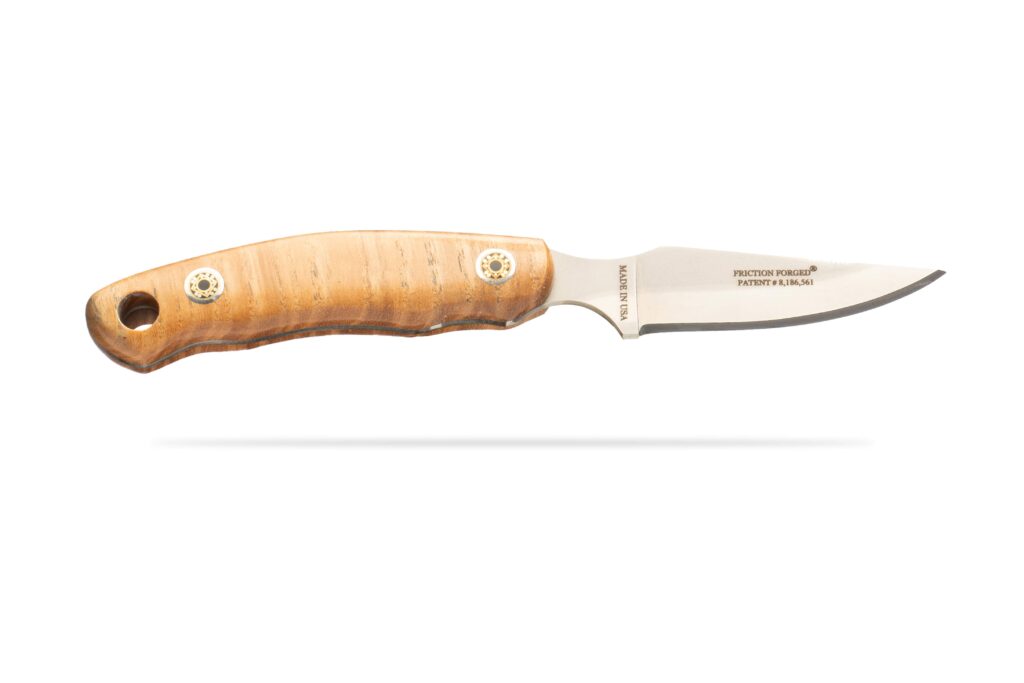 Side view of DiamondBlade Pinnacle II knife with Ash wood handle and Friction Forged blade