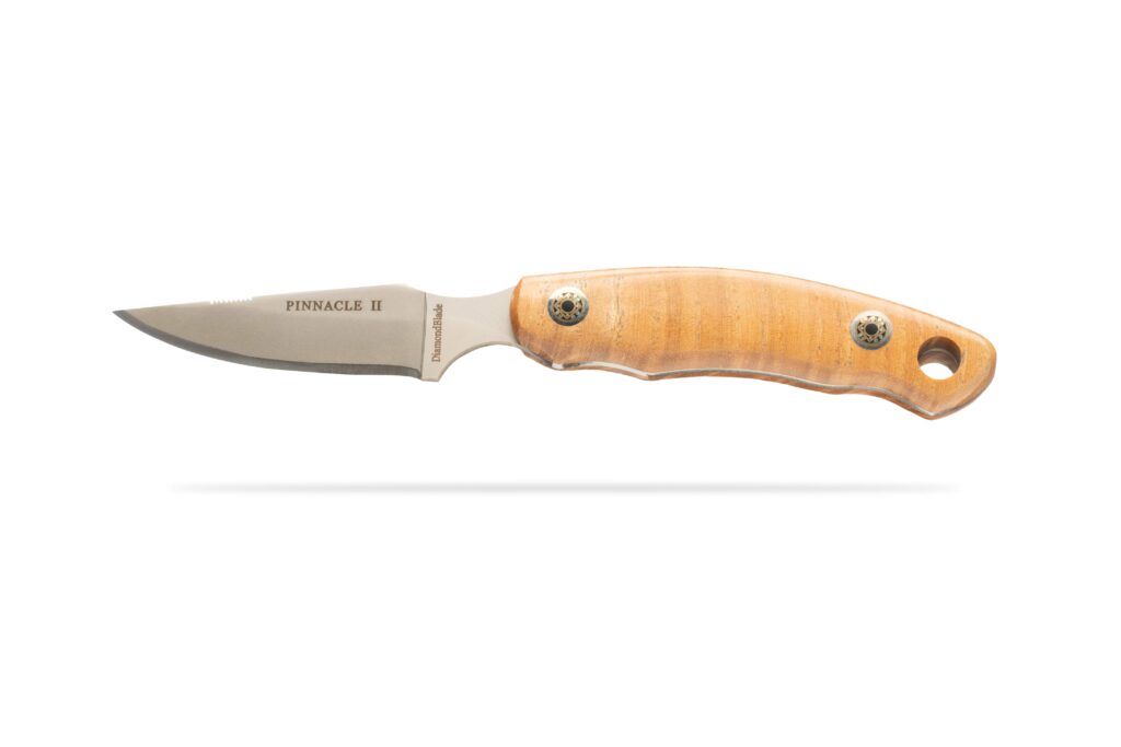 DiamondBlade Pinnacle II knife with Ash handle, reverse side showing blade engraving and grip curve